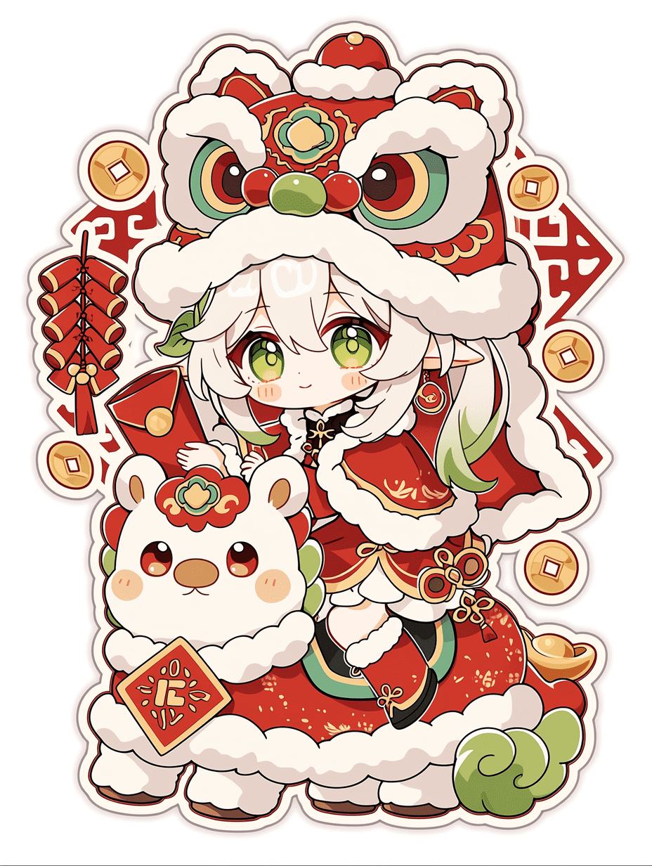 Q版纳西妲，来自《原神》，坐在一只可爱圆润的白马背上，白马戴着一顶小巧的红色舞狮帽，纳西妲身穿喜庆的红色节日服装，配有毛领，手中拿着一个红色利是封（红包），周围环绕着鞭炮和金币，背景为白色并饰有传统红