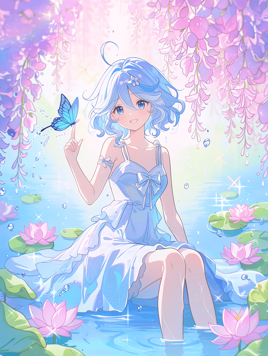 空灵的芙宁娜置身于魔法般的水畔花园，梦幻的柔光洒落，四周漂浮着发光粒子与闪烁光点，浅蓝色波浪短发带着俏皮的ahoge轻柔飘动，明亮的蓝眸中流露温柔喜悦的神情，身着优雅的白色至浅蓝渐变无袖长裙，胸前系有