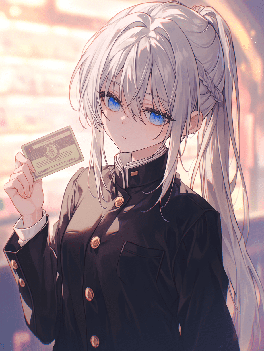 动漫风格，一位银发少女身穿带有金色纽扣的黑色校服，手持一枚带有徽章的卡片，紫色眼眸，梳着编织马尾，柔和的漫射光线，温暖的光晕，梦幻般的氛围，增强的粉彩色调，电影级的情绪感