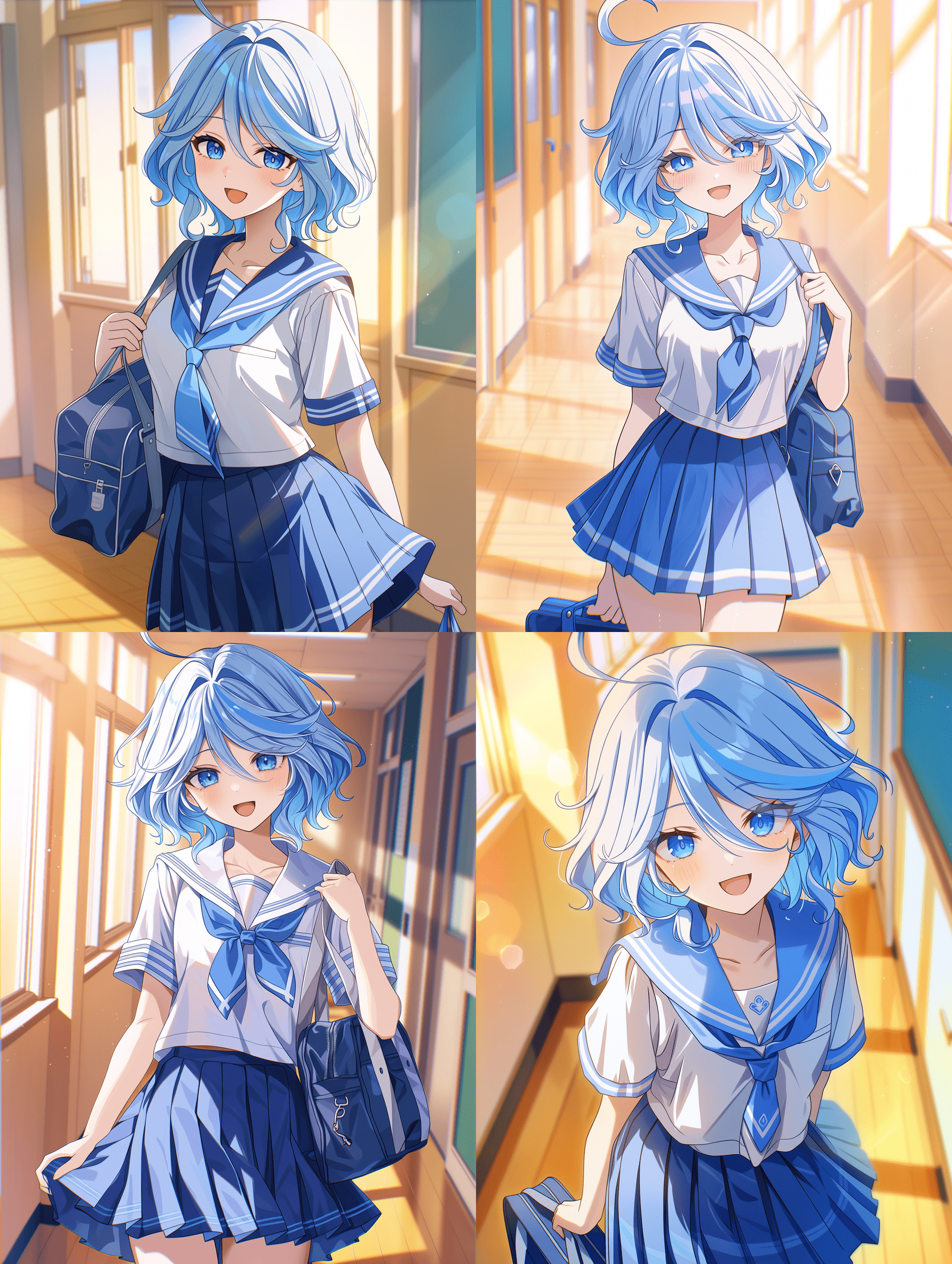 芙宁娜，《原神》角色，身穿经典的蓝白水手服JK校服，百褶裙、水手领、蓝色领结，凌乱的浅蓝色短发，泪滴状瞳孔，站在洒满温暖阳光的学校走廊中，手提书包，表情俏皮可爱，高质量动漫风格，色彩鲜明，焦点清晰。