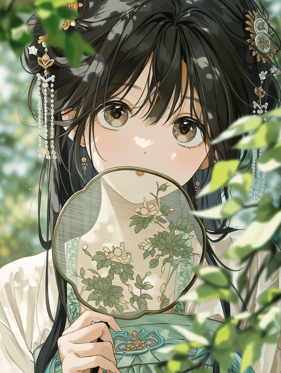 动漫风格，身着传统汉服的美丽黑发年轻女子手持精致圆形团扇，采用三分法构图，浅景深，前景为虚化的 foliage（树叶植被），画面平衡，平视人像视角，电影感角度