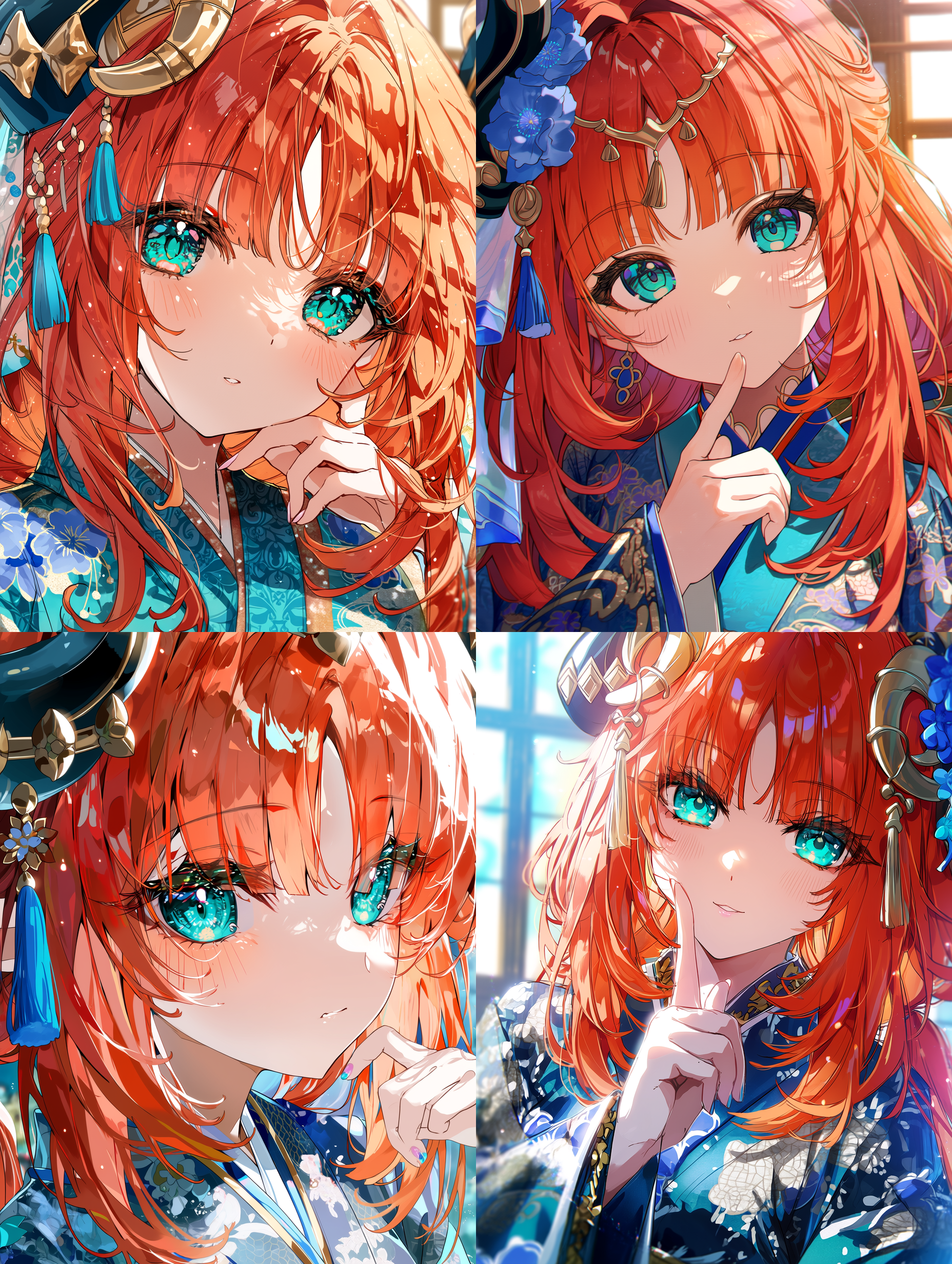 细致的动漫插画，描绘妮露，日式美学风格，光泽感橙红色长发带有柔和高光与波浪，灵动的 turquoise 眼睛充满细腻反光，繁复的蓝色和服布料饰有花卉图案与层叠飘逸的衣摆，柔和的窗光营造体积感，金色角饰