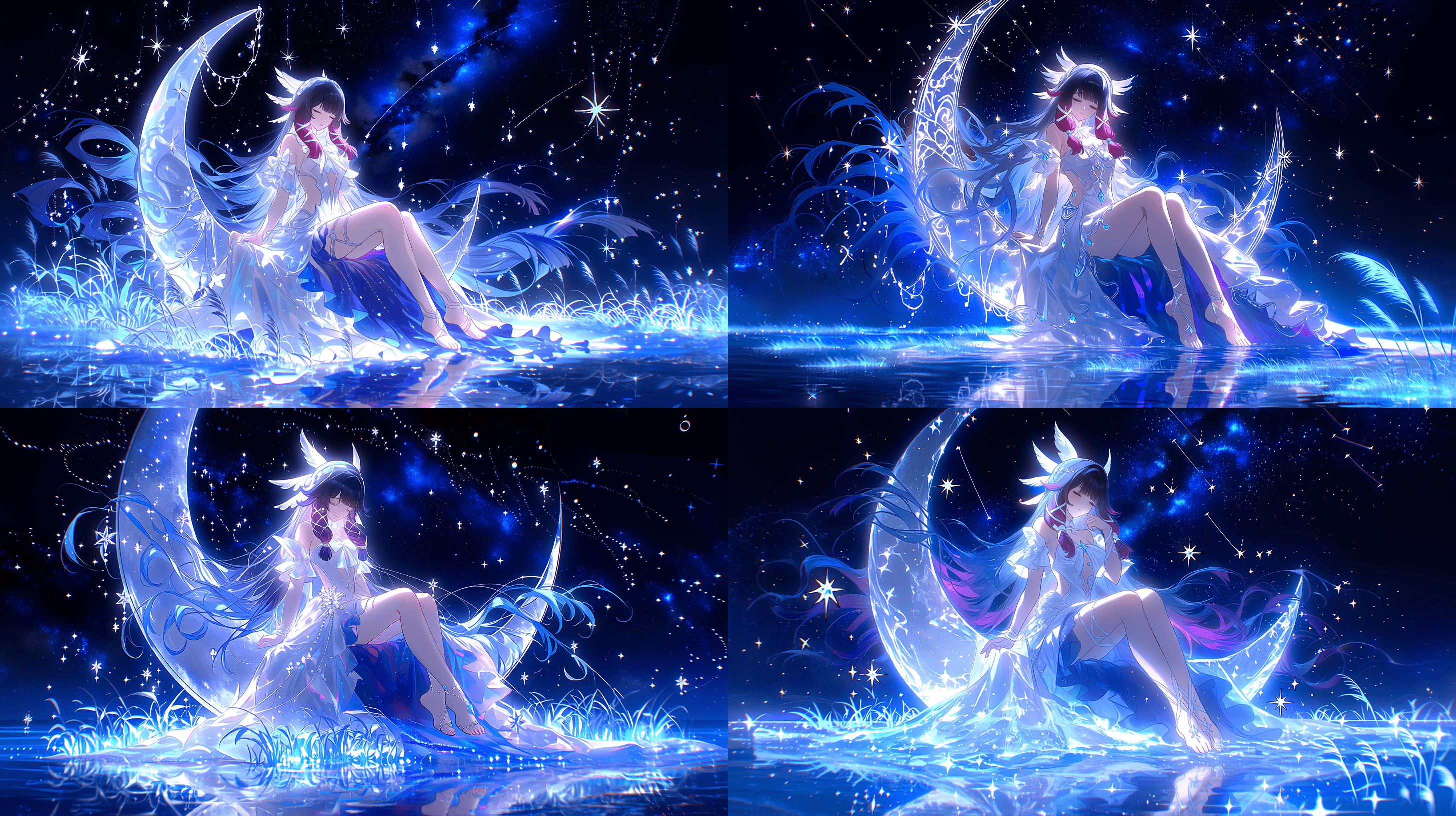 原神角色哥伦比娅，杰作级描绘：一位空灵的蓝发少女身着华丽的蓝白长裙，优雅地端坐于发光的新月之上，背景是布满闪烁星座的浩瀚宇宙，下方是宁静的蓝色水域，水面生长着发光的蓝色水草，人物在水中形成清澈如镜的倒