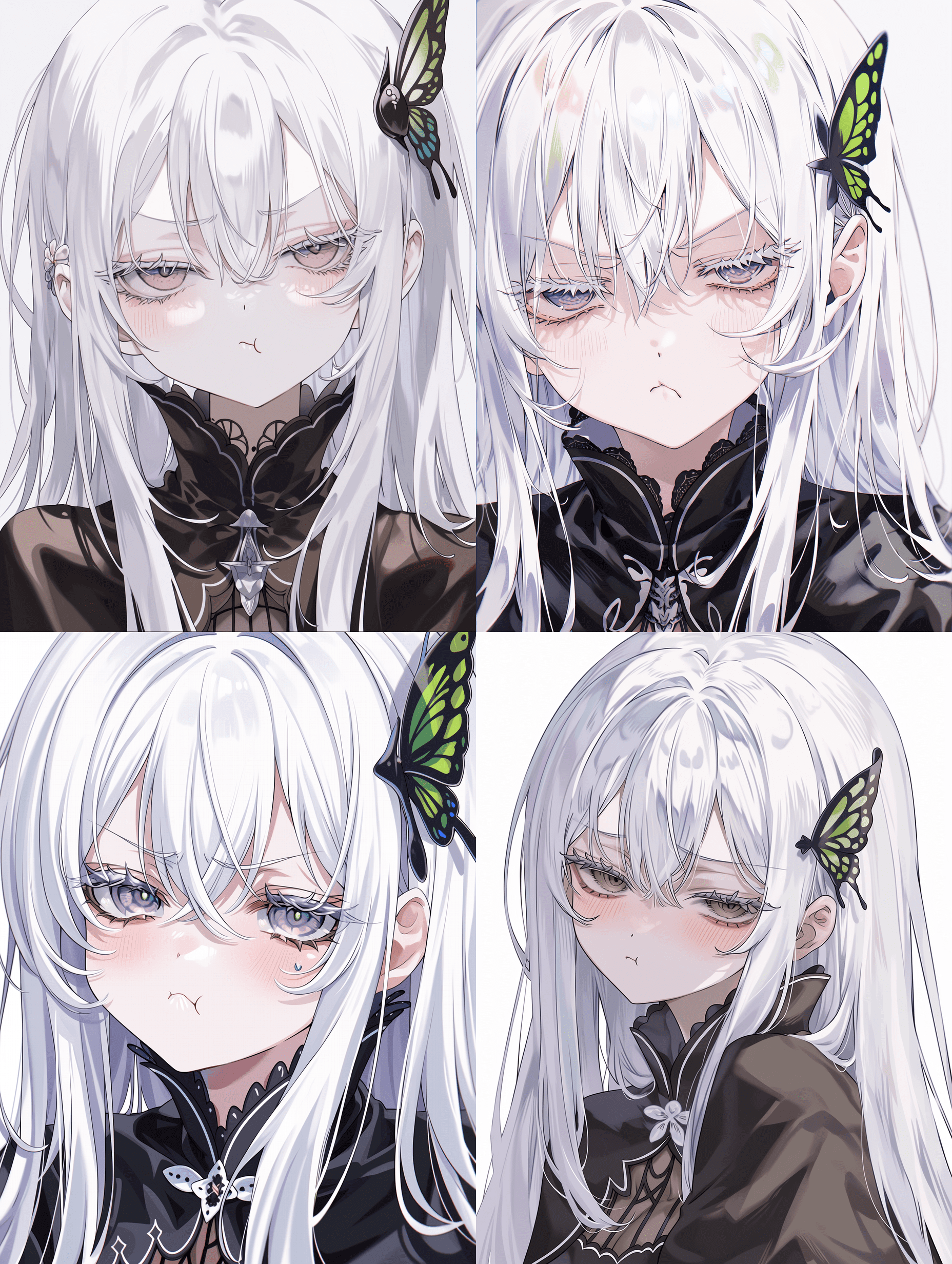 动漫风格，来自《Re:Zero》的艾姬多娜，白发女巫，佩戴蝴蝶发簪，嘟嘴表情，超精细发丝，复杂眼部高光，细腻布料质感，锐利对焦，精致蕾丝图案，8K分辨率