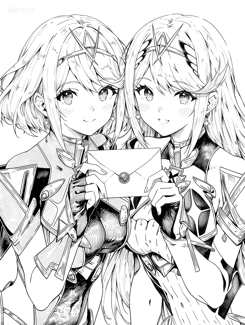 动漫风格，来自《异度神剑2》的焰（Pyra）与光（Mythra），两位女性角色共同手持一封密封信件，超精细的装甲纹理、复杂的发丝细节、精致的布料图案、锐利焦点、细致的宝石饰品、清晰的线条艺术，8K分辨