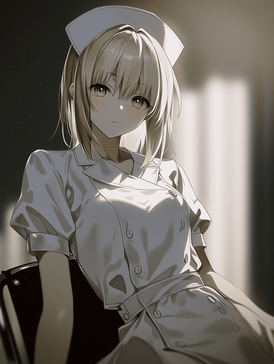 动漫风格，Fate系列中的Saber，金色长发，黄色眼眸，身着护士制服，柔和的散射光线，洁净的临床氛围，微妙的光晕，电影级光影，优雅姿态，高对比度，富有氛围感，精致细腻的完成度