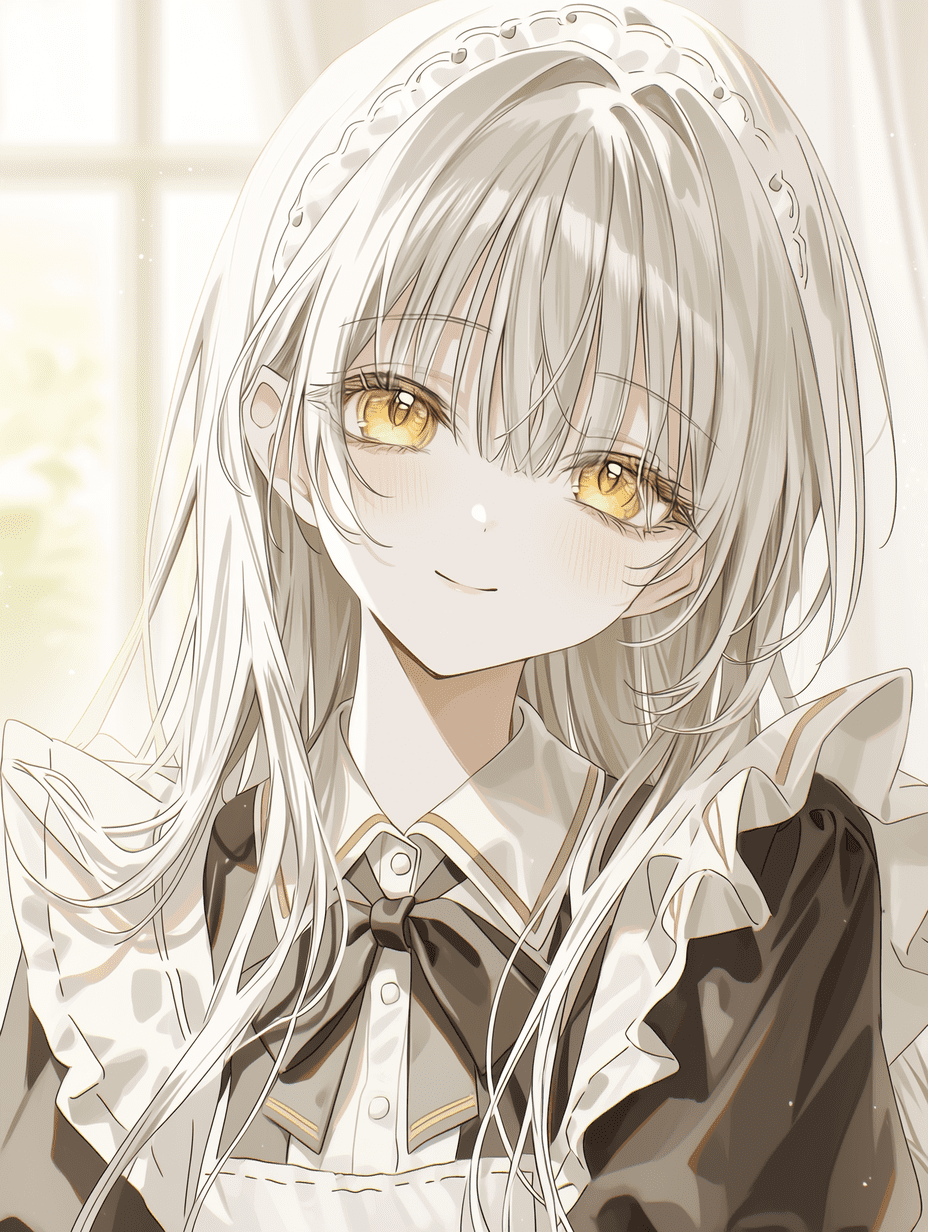 动漫风格插画，穿着女仆装的优雅银发金瞳少女，柔和的室内光线，明亮通透的氛围，线条细腻的肖像，杰作，最高质量，高度细节，柔和的光晕，温柔的微笑