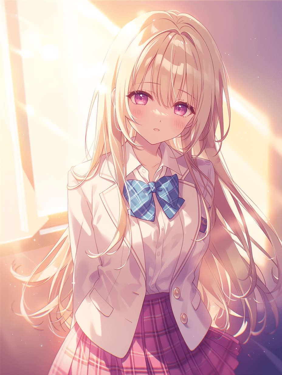 动漫风格，金发紫眼少女身穿校服，白色西装外套，蓝色格纹领结，粉色格纹短裙，柔和的影棚灯光，窗外透入温暖光晕，体积光束，梦幻氛围，增强色彩，电影级布光，轻柔轮廓光