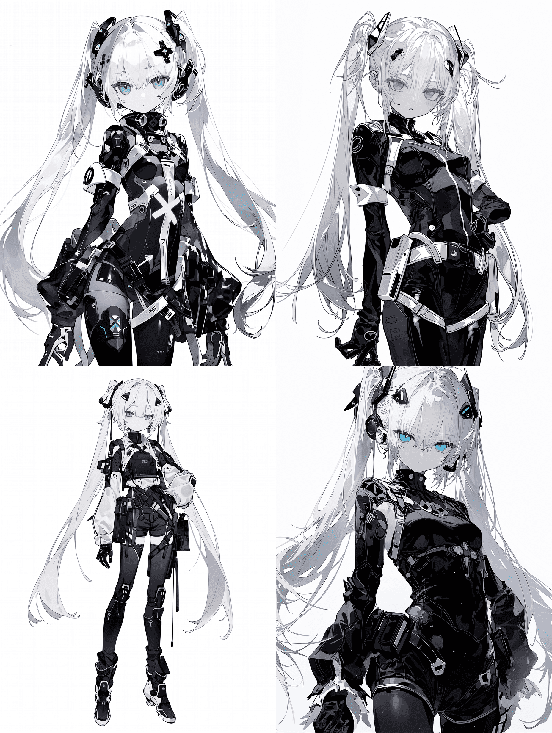 动漫风格，拟人化的Xbox Series X少女，白色双马尾，黑色未来感战术服装，流线型设计，以单色为主色调并带有微妙点缀，表情自信，杰作，最佳质量，高度细节，线条干净