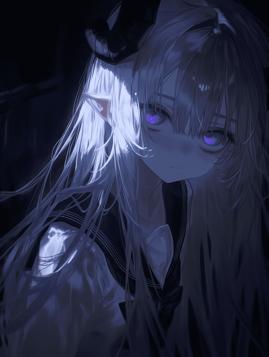 动漫风格，美丽的少女拥有飘逸的银色长发和弯曲的黑色恶魔角，尖尖的精灵耳朵，迷人的紫色眼睛，身穿校服，采用戏剧性打光，头发带有柔和轮廓光，体积光效果，电影感氛围，情绪深沉，色彩增强，皮肤呈现柔光效果，背