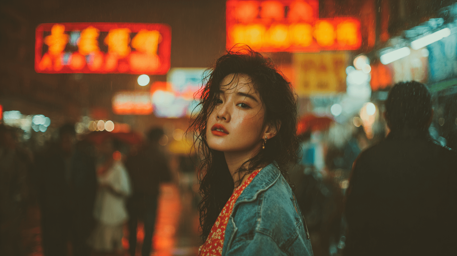 一位25岁的中国女孩，身穿红色碎花连衣裙和白色玛丽珍鞋，外搭牛仔夹克，站在拥挤的香港夜晚街道上。她侧脸望向远方，神情梦幻，微微张嘴，发丝在风中飘扬。画面充满高对比度的暖色调，湿漉漉的地面上重叠着霓虹招