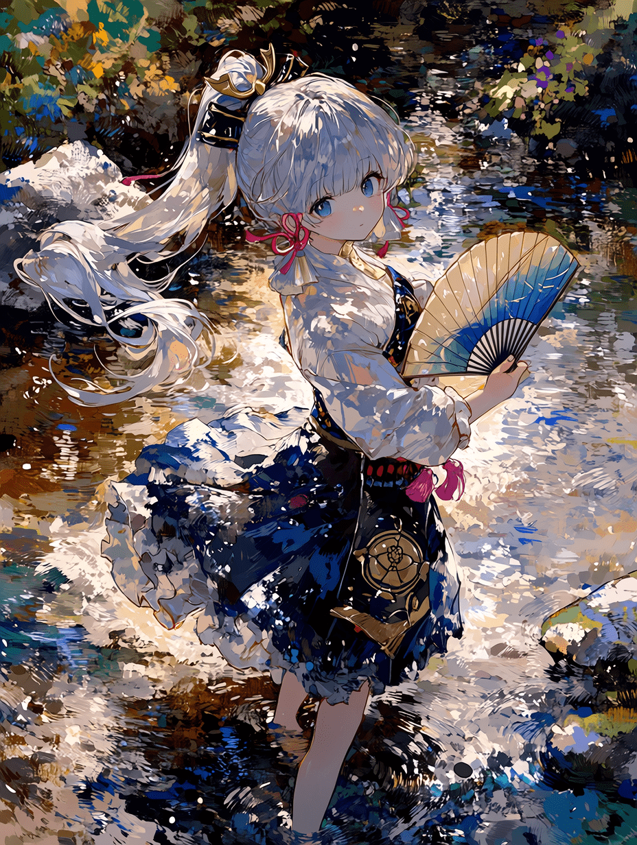 神里绫华以印象派油画风格呈现，富有艺术笔触与厚重肌理，银白色高马尾发丝柔顺飘动，湛蓝双眸流露梦幻神情，可见黑金发饰与粉红流苏耳坠，白色上衣呈现明显颜料质感，深蓝色长裙饰有金色纹章，手持传统折扇，赤足伫