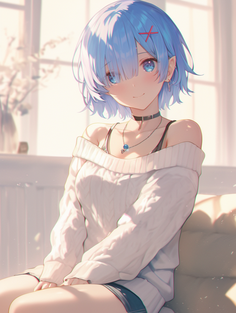 来自《Re:Zero》的雷姆，身着休闲现代街头服饰，眼神充满深沉的爱意与温柔。面带柔和微笑，表情宁静，采用柔和的粉彩色调，温暖的自然光线，动漫风格，精细的角色设计，富有情感氛围，高清画质，电影级构图。