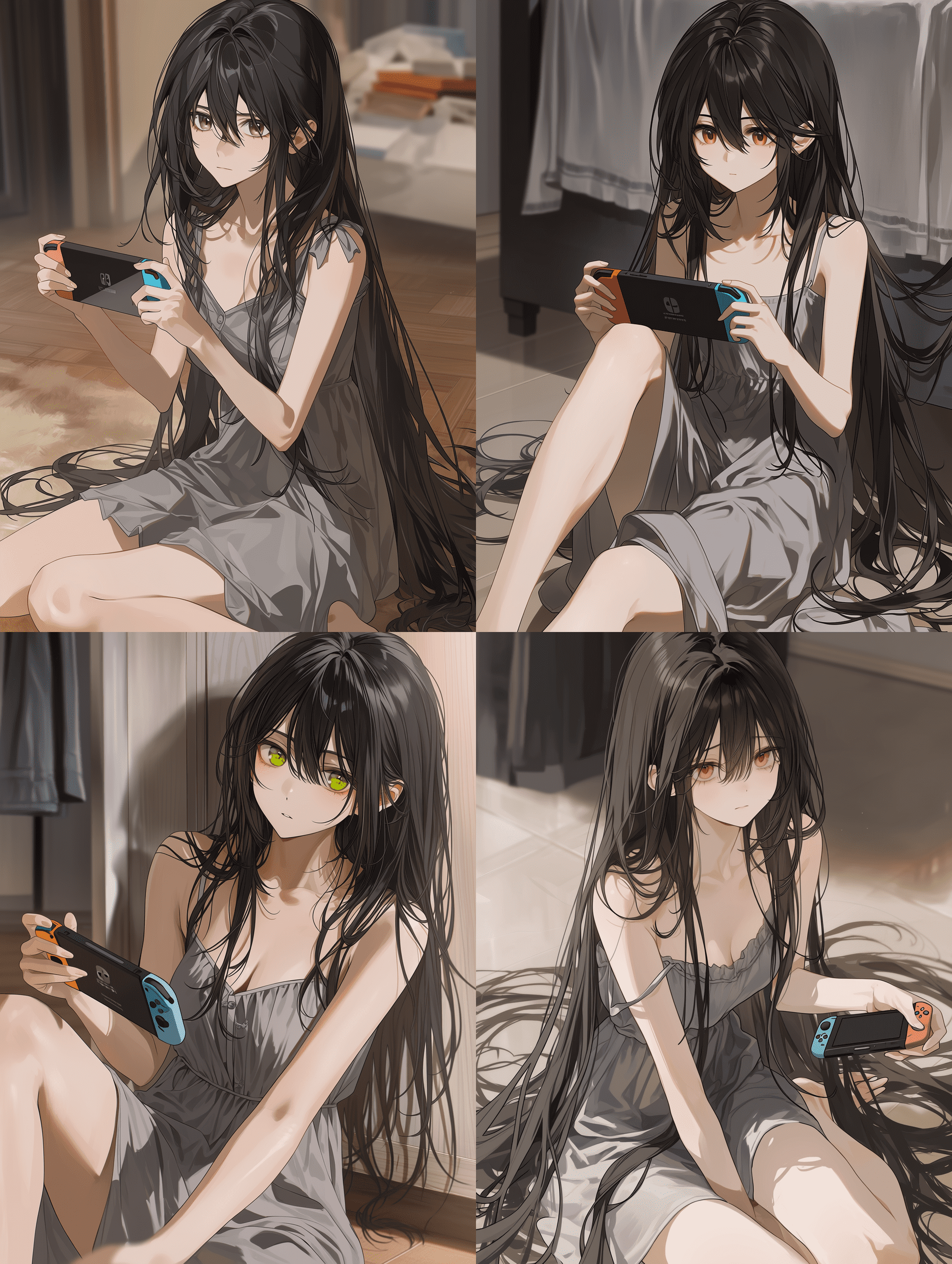 动漫风格，一位长发乌黑、琥珀色眼眸的年轻女性，身着灰色无袖连衣裙，坐在地板上手持Nintendo Switch，发丝细节极致细腻，皮肤纹理精致，布料褶皱清晰，焦点锐利，背景丰富，8K分辨率