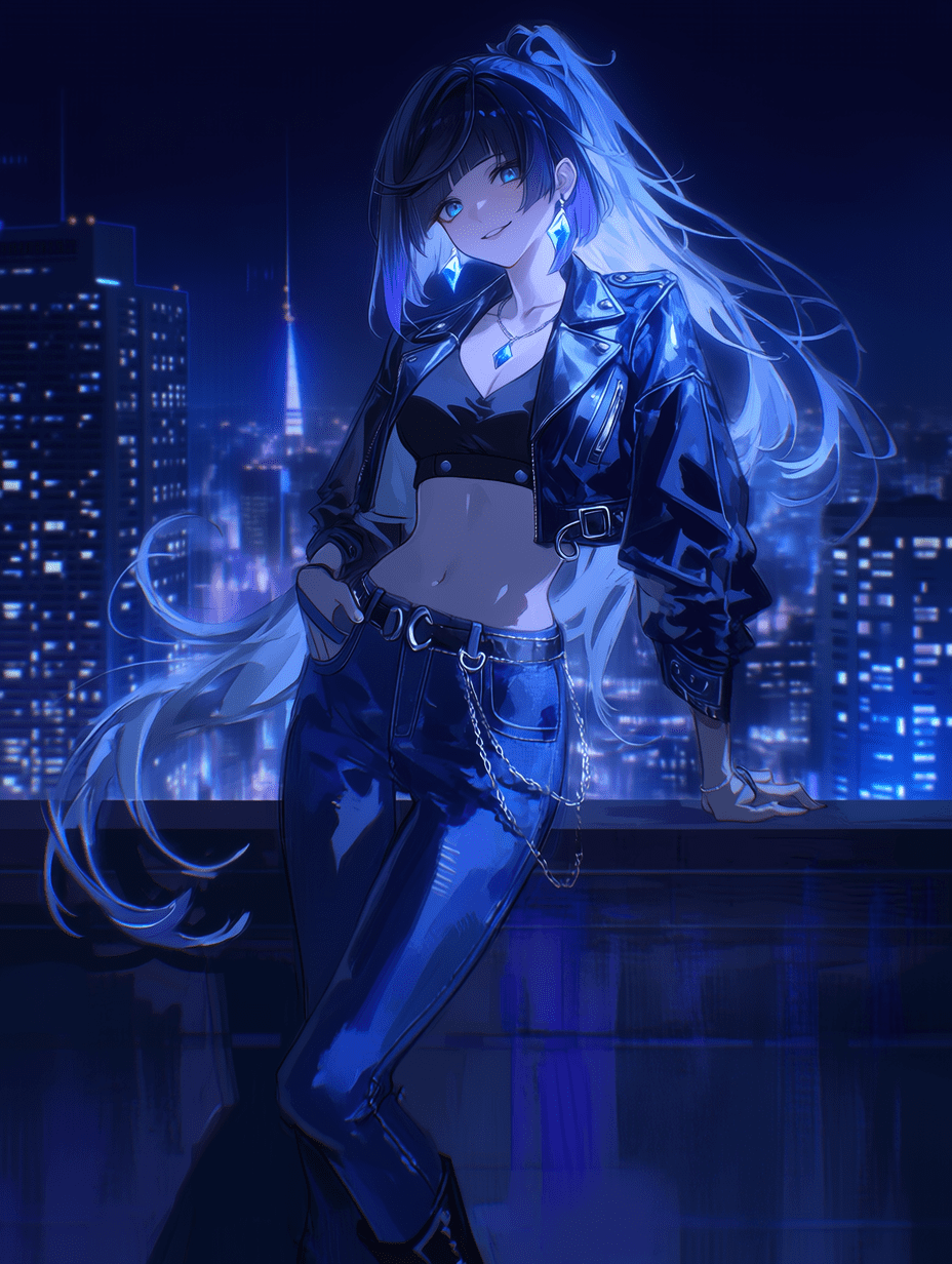 夜兰，《原神》角色，现代都市夜晚时尚造型，深蓝色长发以高马尾扎起，发尾呈浅蓝色渐变并带有流动波浪，明亮的蓝色双眼配以自信而神秘的微笑，身穿深蓝色皮夹克搭配黑色短款上衣，海军蓝高腰牛仔裤配银色链条饰品，