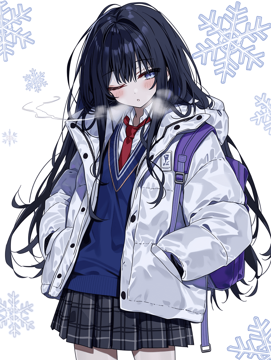 动漫风格，留着黑色长发的冬日女学生，穿着白色羽绒服和蓝色毛衣，系着红色领带，穿着格子裙，背着紫色背包，一只眼睛闭着，脸颊泛红，超细致的发丝，复杂的面料纹理，可见的呼吸白气，焦点锐利，细节丰富的雪花，8