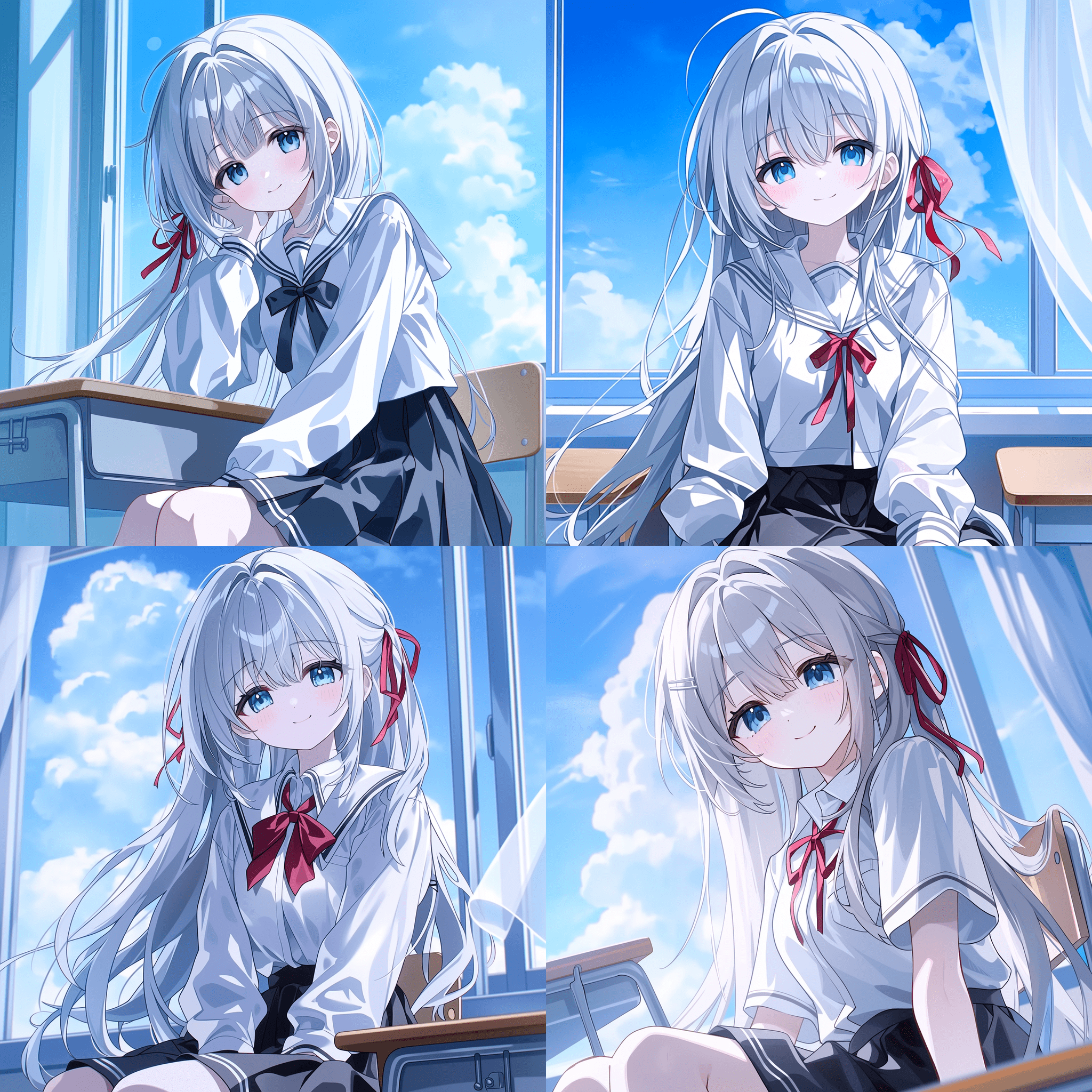 动漫风格，银发蓝眼少女，头发系着红色发带，身穿白色外套与黑色短裙的校服，坐在靠窗的书桌旁，窗外是明亮的蓝天与白云，光线柔和，面带温柔微笑，杰作，最佳质量，高度细节