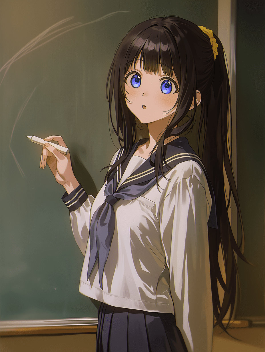 动漫风格，千反田爱瑠穿着校服，黑色长发扎着黄色发圈，紫色眼睛，手持粉笔，站在黑板前，柔和自然光，暖色调，中景，杰作，最高画质，高度细节