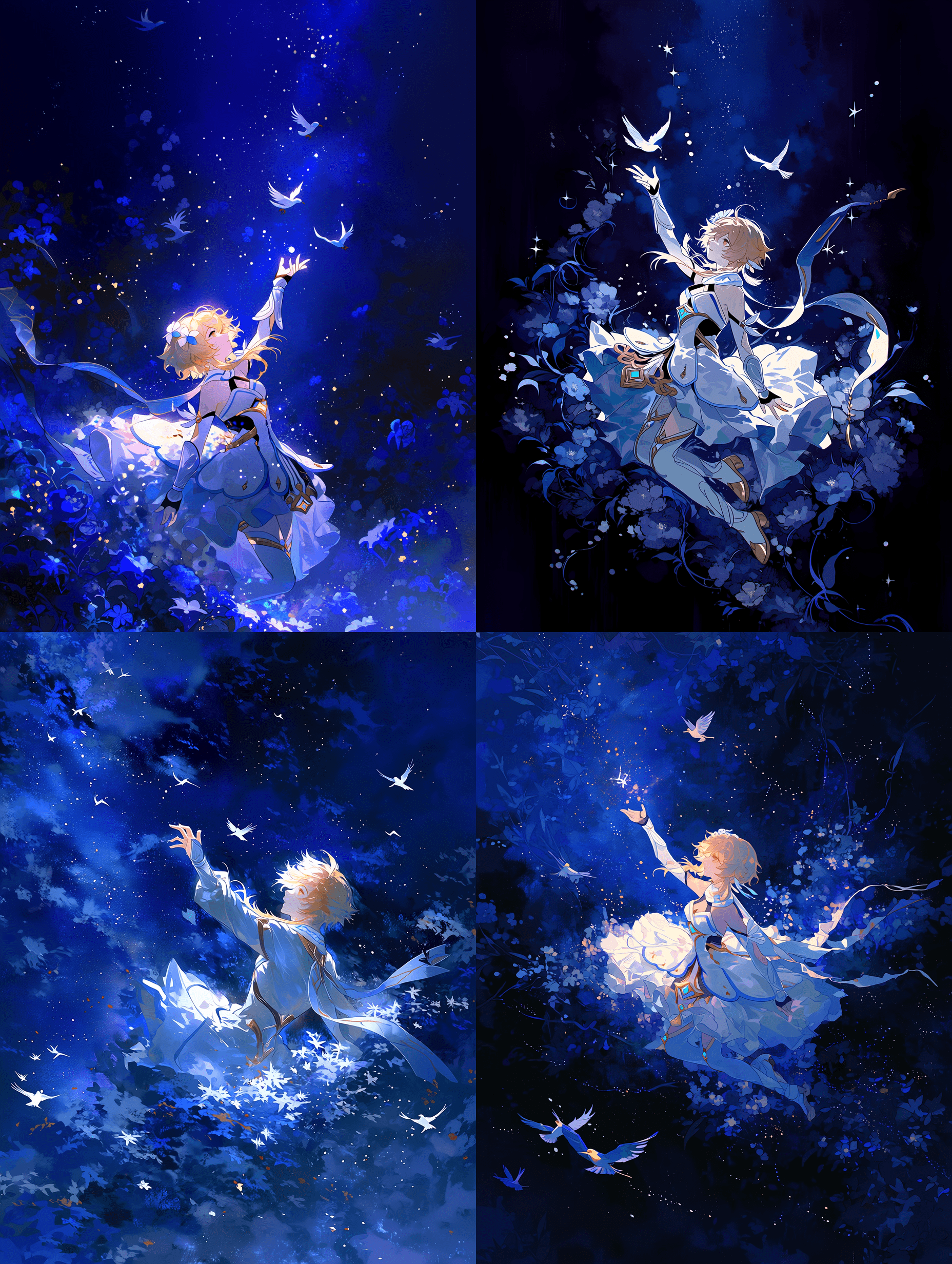 来自《原神》的荧，漂浮在深邃的蓝色星空夜空中，伸手向星辰，周围环绕着深蓝色的花卉图案和飞鸟，金色的头发柔和地发光，神秘而充满魔法的氛围，杰作动漫艺术