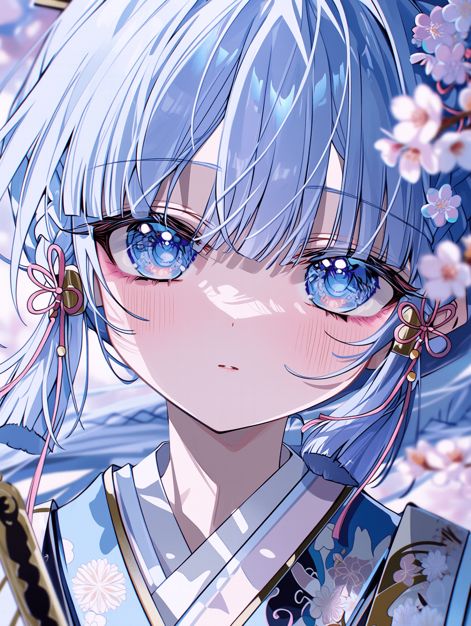 精致的动漫插画，描绘神里绫华，樱花美学风格，光泽感的天蓝色长发带有柔和高光，富有表现力的蓝色眼眸中映出细腻的光影反射， intricate 蓝白和服布料饰有花卉刺绣，柔和的春日体积光，飘落的樱花花瓣与