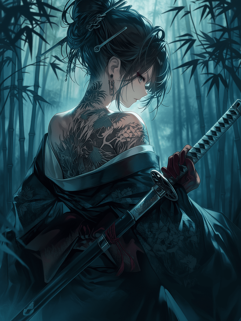 动漫风格，一位黑发高盘发髻并用发簪固定的女浪人，身穿深色露肩和服，佩戴红色手套，手持打刀，身上有繁复的纹身，站立在迷雾缭绕的竹林中，色调为冷静的蓝绿色，光线柔和，杰作，最佳质量，高度细节