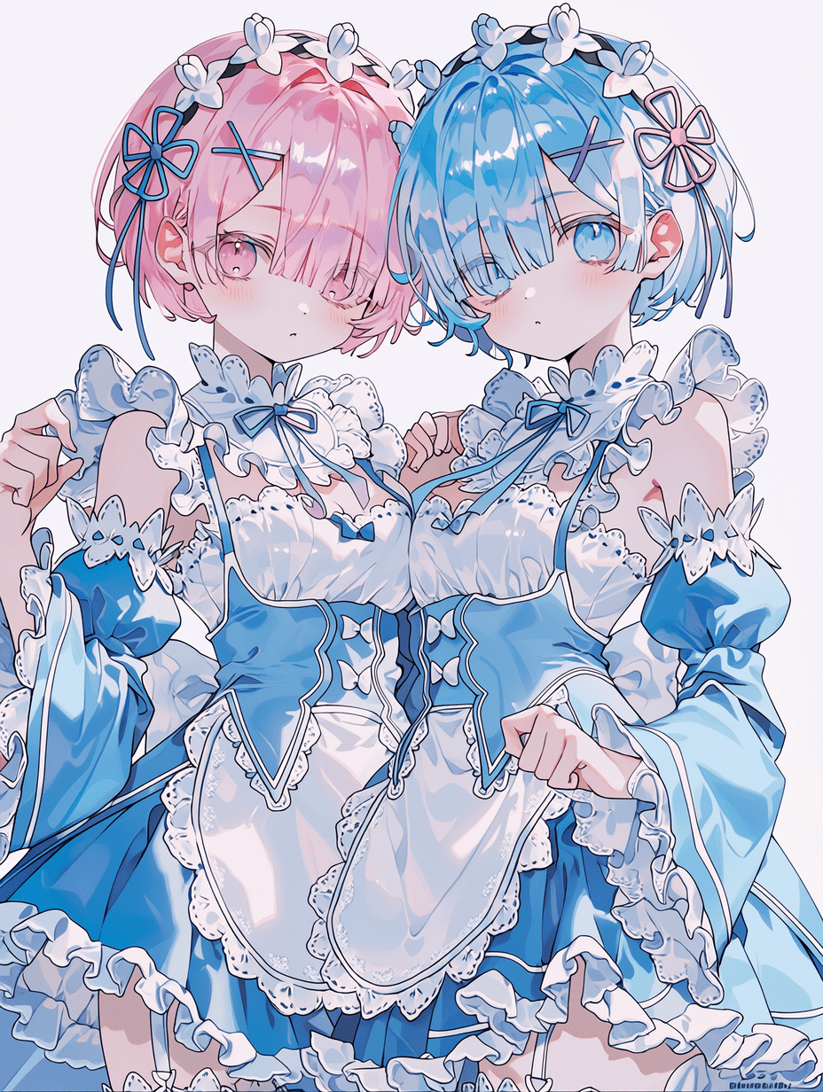 动漫风格，来自《Re:Zero》的蕾姆与拉姆，身穿蓝白相间的荷叶边女仆裙，粉色与蓝色头发搭配花朵发饰，超精细的蕾丝材质、复杂的褶边图案、锐利带高光的眼神、精致的布料细节，8K分辨率。