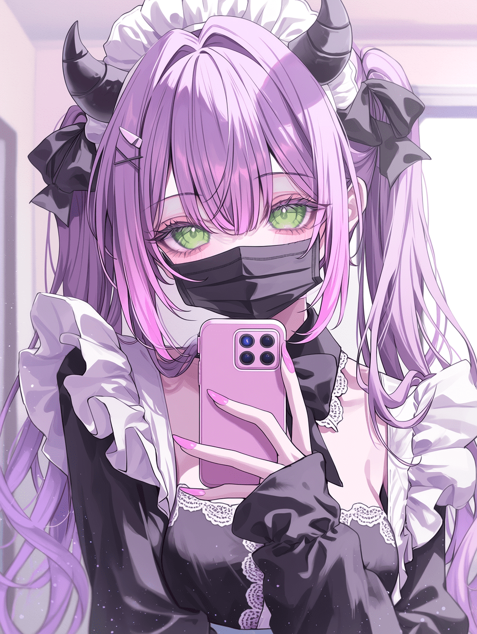 动漫风格，一位戴着恶魔角和口罩的紫发少女，手持粉色手机，拥有绿色的眼睛，身穿带有蝴蝶结的黑白服装，柔和的光线，柔和的粉彩背景，杰作，最佳质量，高度细节。