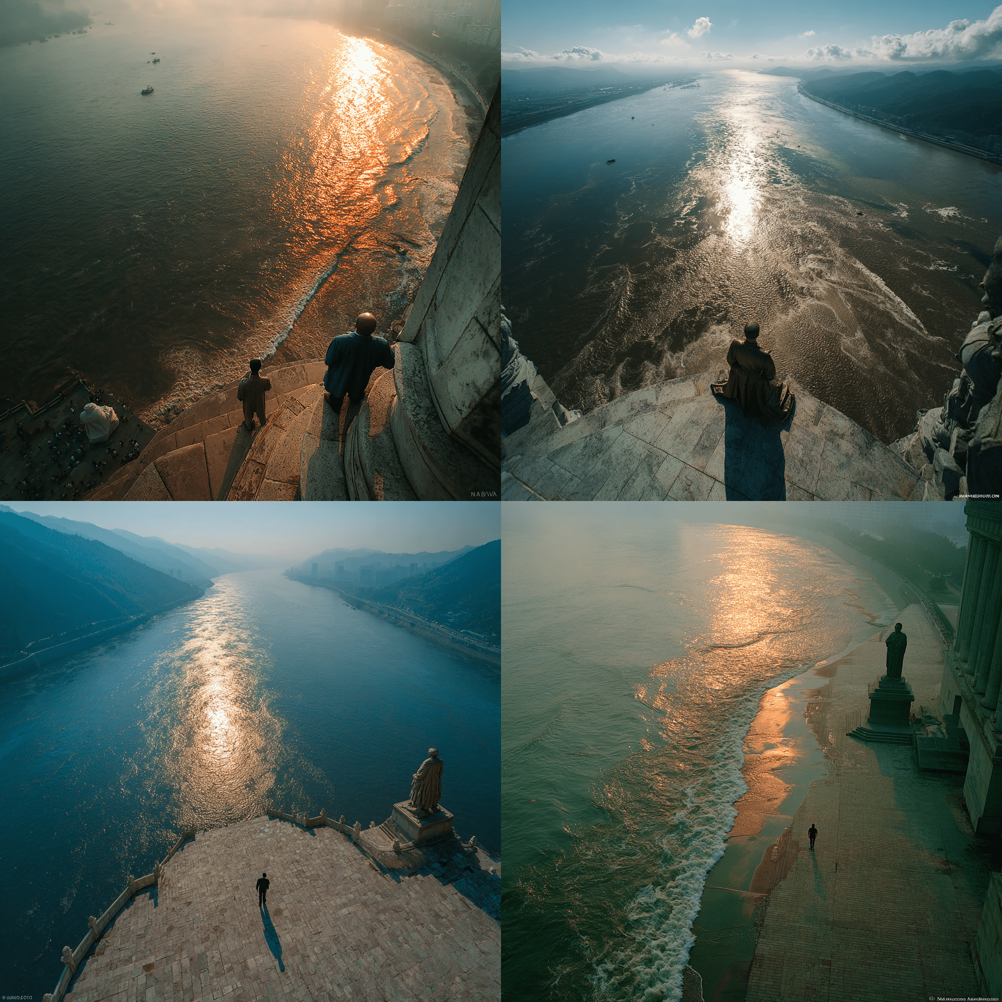 高角度俯拍，鸟瞰视角。使用35mm全画幅相机搭配24mm广角镜头，光圈f/11以获得大景深，确保前景人物与远处雕像均清晰锐利。白平衡设为“阴影”（6500K），增强温暖的金色调；整体色温偏暖，曝光补偿