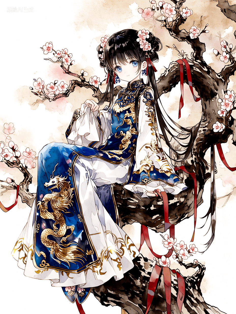 动漫风格插画，一位优雅女子，黑色长发、蓝色眼眸，身穿带有金色龙纹刺绣的传统中式旗袍，坐在虬曲的樱花树枝上，周围盛开着粉色樱花并系有红色丝带，画面采用柔和的水彩质感与水墨晕染背景，杰作，最佳质量，高度细