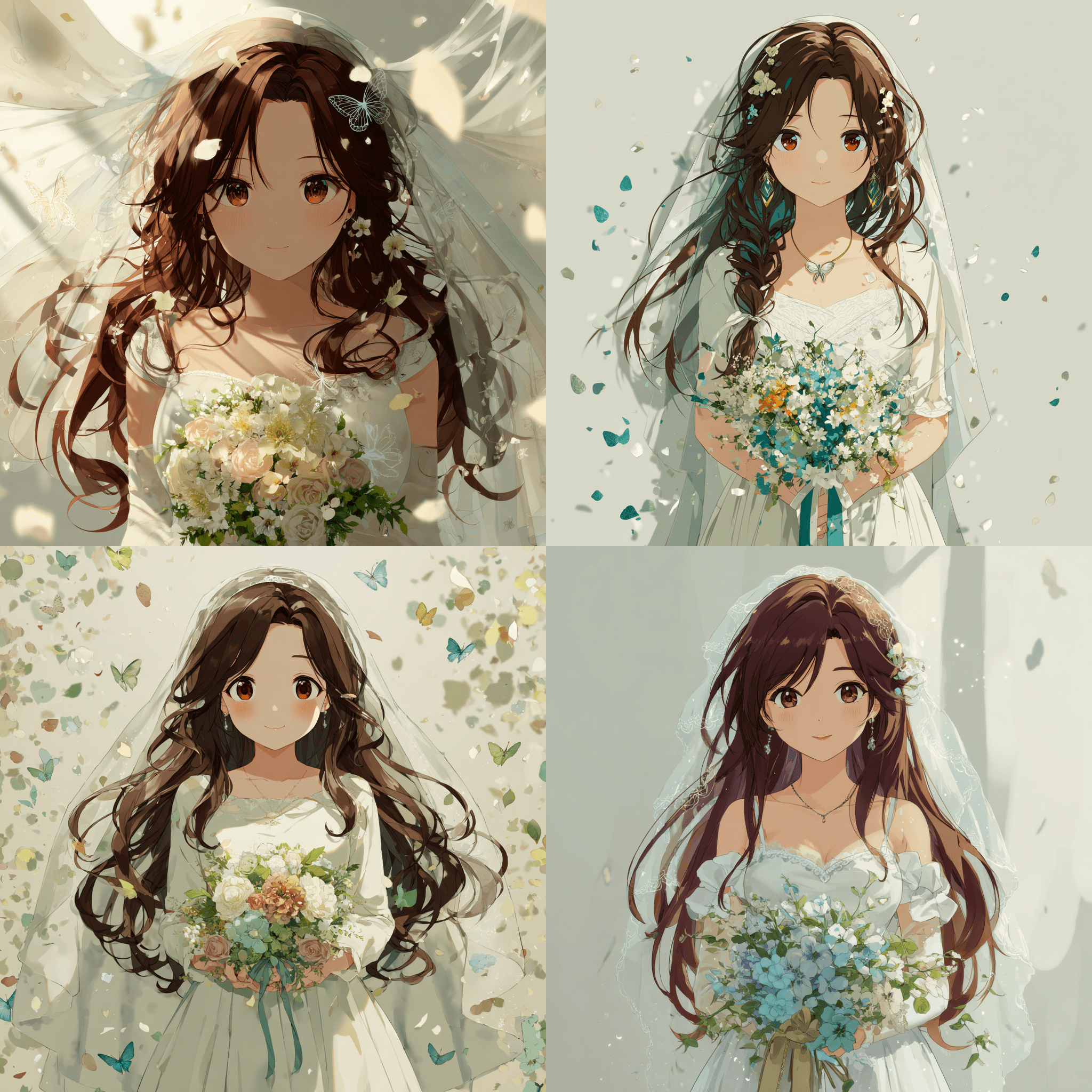 来自《原神》的胡桃化身为身穿白色婚纱的动漫少女，棕色长发优雅飘逸，红色双眸充满纯真，手捧装饰着精致蝴蝶的花束。轻柔的头纱衬托出她的脸庞，整体采用简约动漫风格，搭配柔和粉彩色调灯光，营造出甜美而梦幻的氛