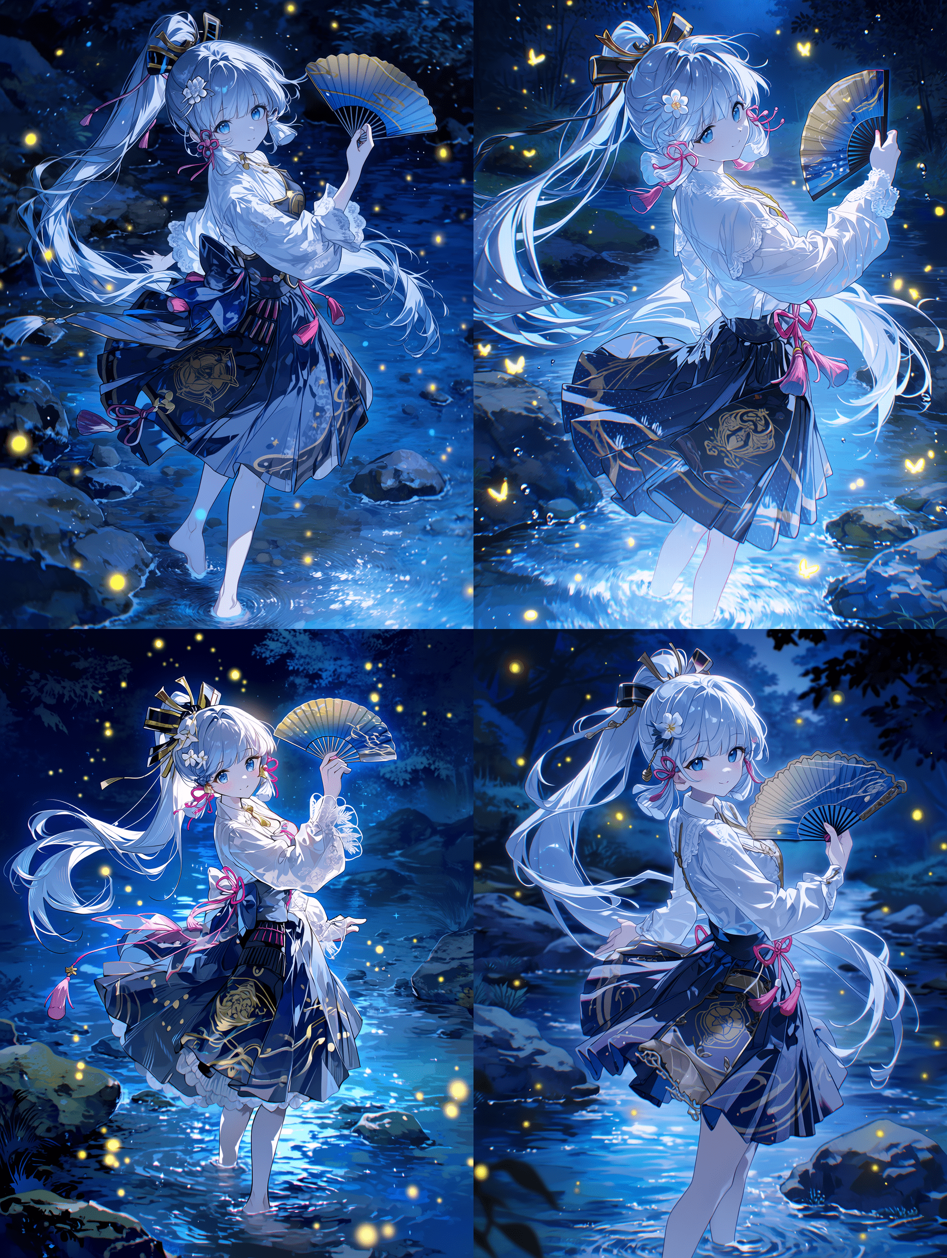 神里绫华，《原神》角色，夜溪流萤风格，银白色长发扎成高马尾在微风中飘扬，明亮的蓝色双眼带着温柔宁静的表情，佩戴黑金配色的白花发饰与粉色流苏耳饰，身穿带蕾丝细节的白色长袖上衣，深蓝色百褶裙配有金色家纹和
