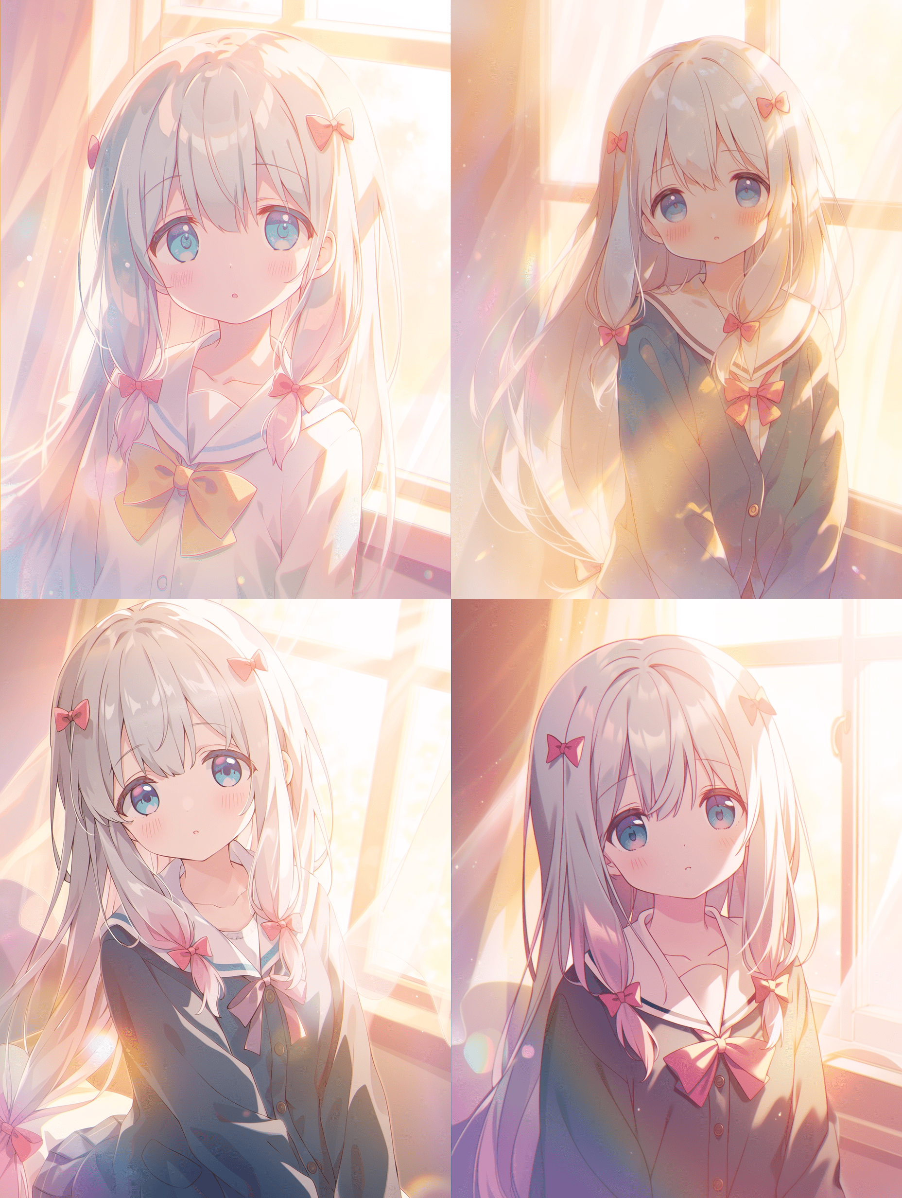 动漫风格，来自《出包王女》的伊织神无，银发少女身着校服，温暖的晨光透过窗户洒落，柔和的漫射光轻抚肌肤，增强的粉彩调色板，温馨氛围，体积光束，梦幻情绪