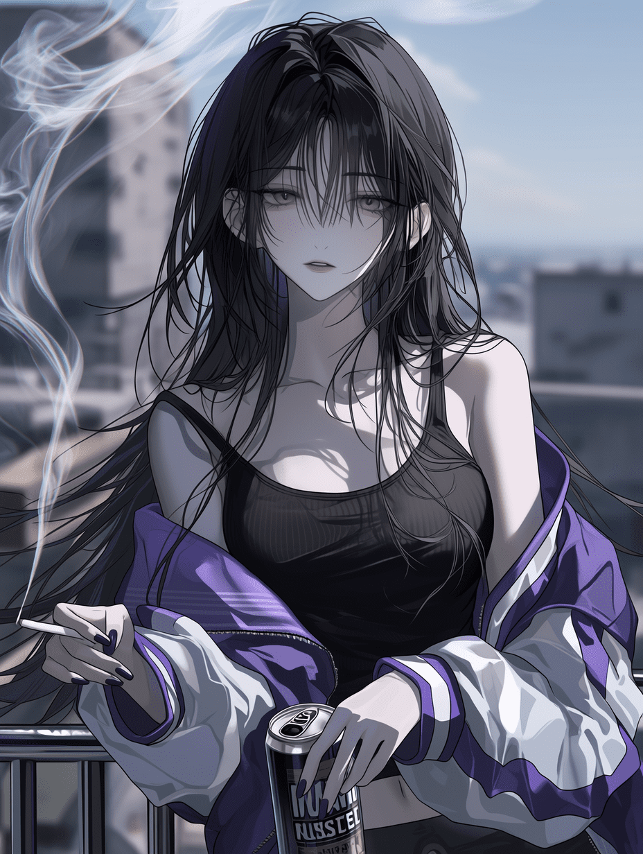 动漫风格，黑发长发年轻女性，身穿黑色背心和紫白相间的学院风夹克，手持香烟和啤酒罐，发丝超精细，服装纹理复杂，飘散的烟雾，锐利对焦，细致的屋顶场景，8K分辨率