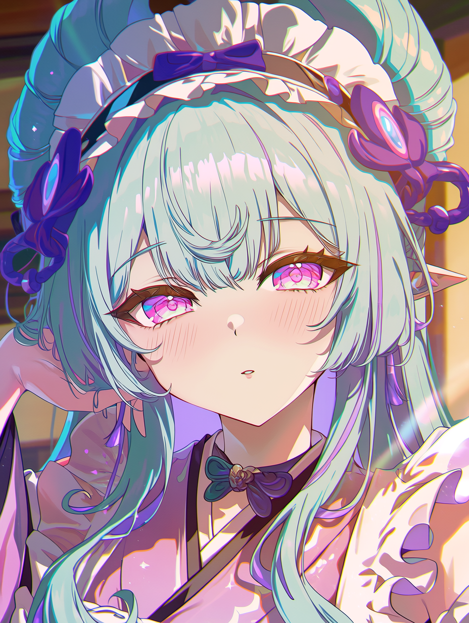 细致的动漫插画，描绘梦见月瑞希，女仆风格，光泽感的亮蓝绿色长发带有柔和高光，富有表现力的粉紫色眼睛带有细腻反光，精致的和风女仆装布料呈现层叠褶皱与蝴蝶结细节，温暖的室内体积光照明，发簪装饰纹理与闪烁效