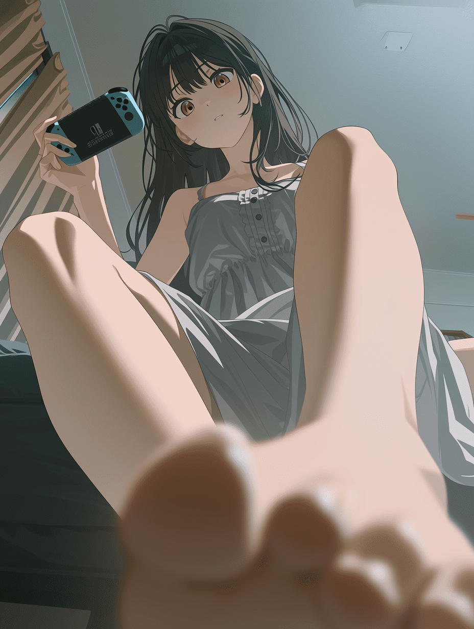 动漫风格，黑长发琥珀眼的年轻女子，身穿灰色无袖连衣裙，坐在地板上手持任天堂Switch，低角度视角，浅景深，前景双脚虚化，动态构图，电影级画面。