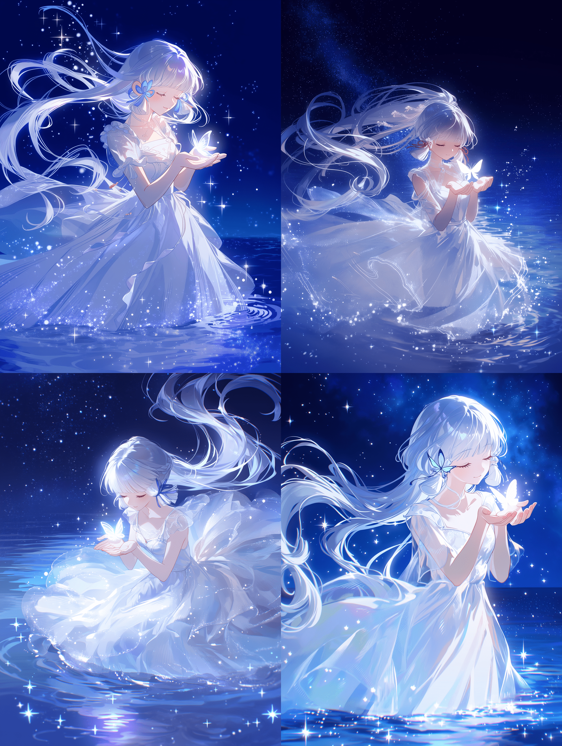神里绫华，原神，星夜水境风格，银白色长发随风轻舞，闭目露出宁静温柔的神情，身着优雅的白色流纱长裙，伫立于静谧水面，双手轻捧一只由光芒构成的蝴蝶，深蓝色夜空布满繁星，水面泛起涟漪与光影倒映，周围漂浮着闪