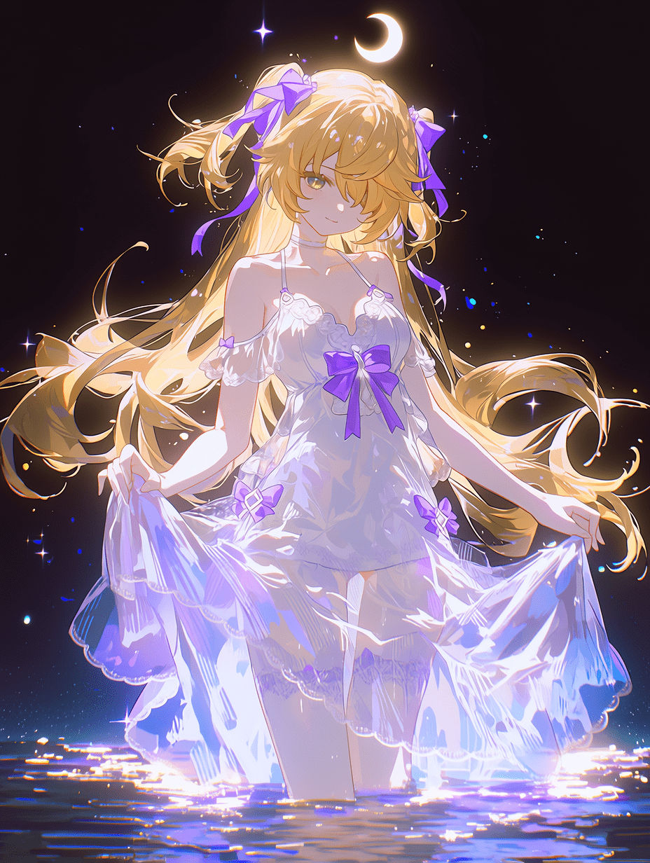 菲谢尔，《原神》，星夜薄纱风格，长发金色双马尾，系着紫色丝带，明亮翠绿双眼，身着优雅的白色与淡紫色睡裙，饰有蕾丝边和紫色蝴蝶结，双手轻提裙摆站立，深邃星夜背景中悬挂新月与发光粒子，水面倒影清晰，神情宁