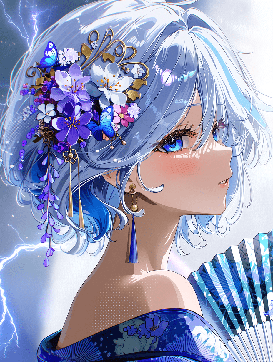 细致的动漫插画，描绘芙宁娜，充满花卉美学：光泽感的浅蓝色长发，带有柔和高光与精致发髻，侧脸轮廓中眼神灵动，瞳孔反射细腻；繁复的花冠由紫色、白色、粉色花朵、蝴蝶与金色装饰构成，优雅的露肩和服布料饰有花卉