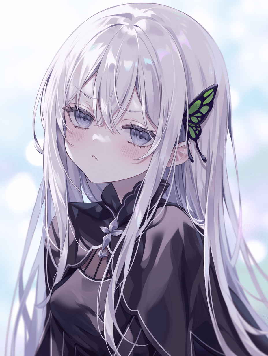 动漫风格，来自《Re:Zero》的艾姬多娜，白发女巫，佩戴蝴蝶发簪，嘟嘴表情，居中构图，浅景深，平视角度，画面平衡，柔焦背景