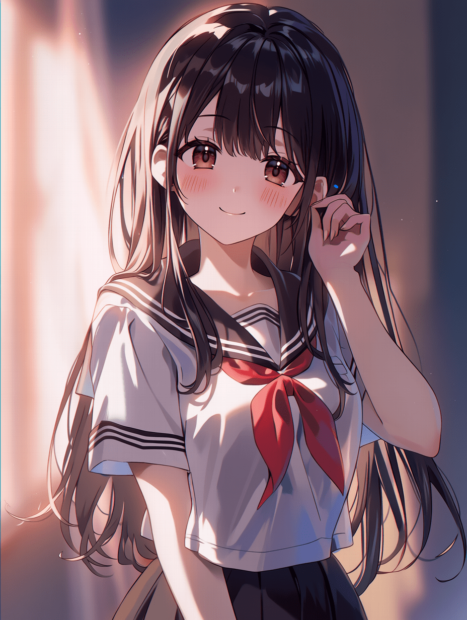 动漫风格，一位留着黑色长发的少女，身穿带有红色领结的白色水手校服和黑色百褶裙，面带温柔的微笑，手轻抚脸颊，柔和的漫射光线，皮肤上泛着温暖的光晕，色彩增强，梦幻般的氛围，电影级布光，微妙的阴影