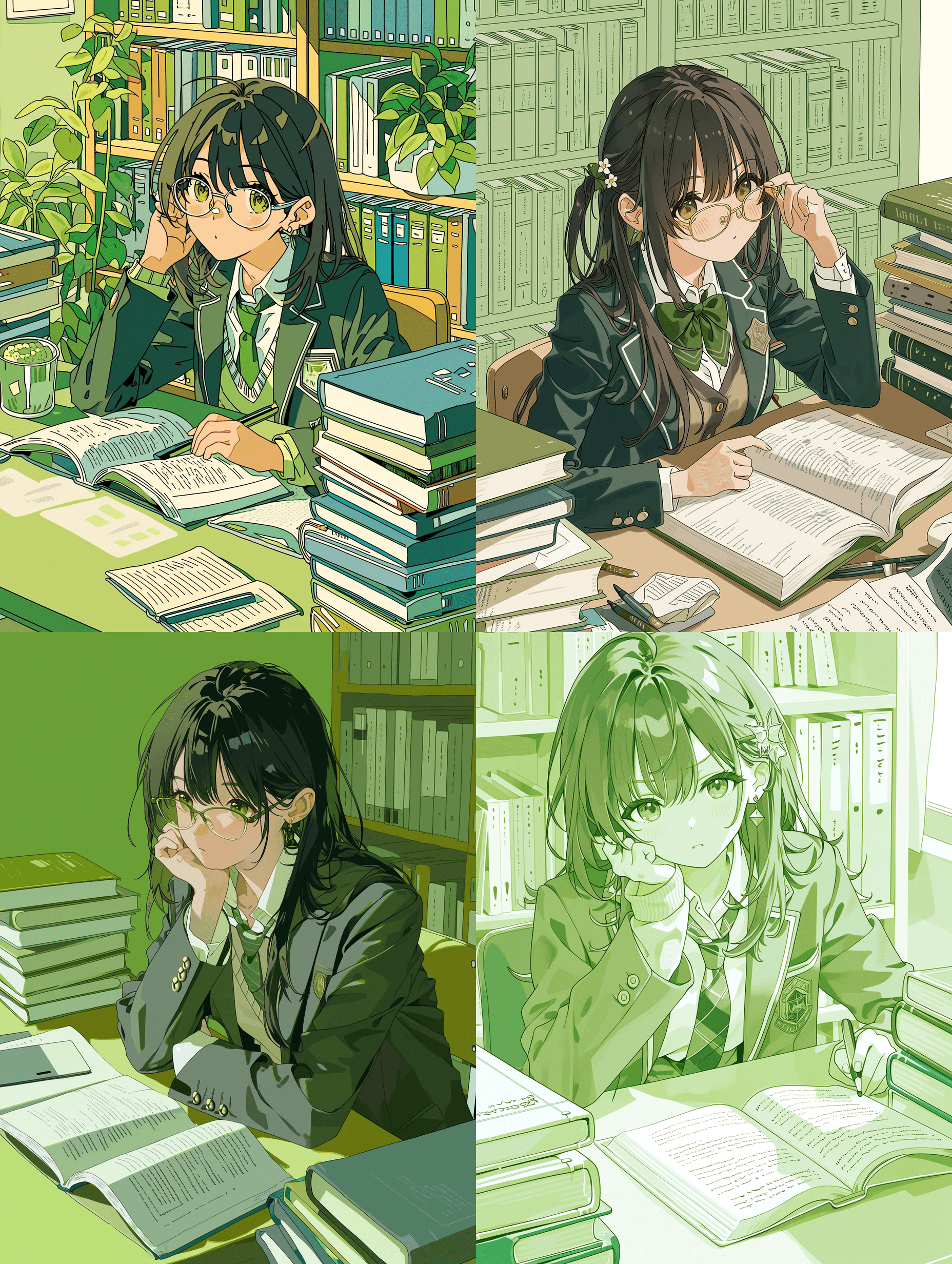 纳西妲穿着JK制服，在教室里坐在书桌前学习，周围堆满书籍，神情专注，整体以绿色为主调，动漫风格