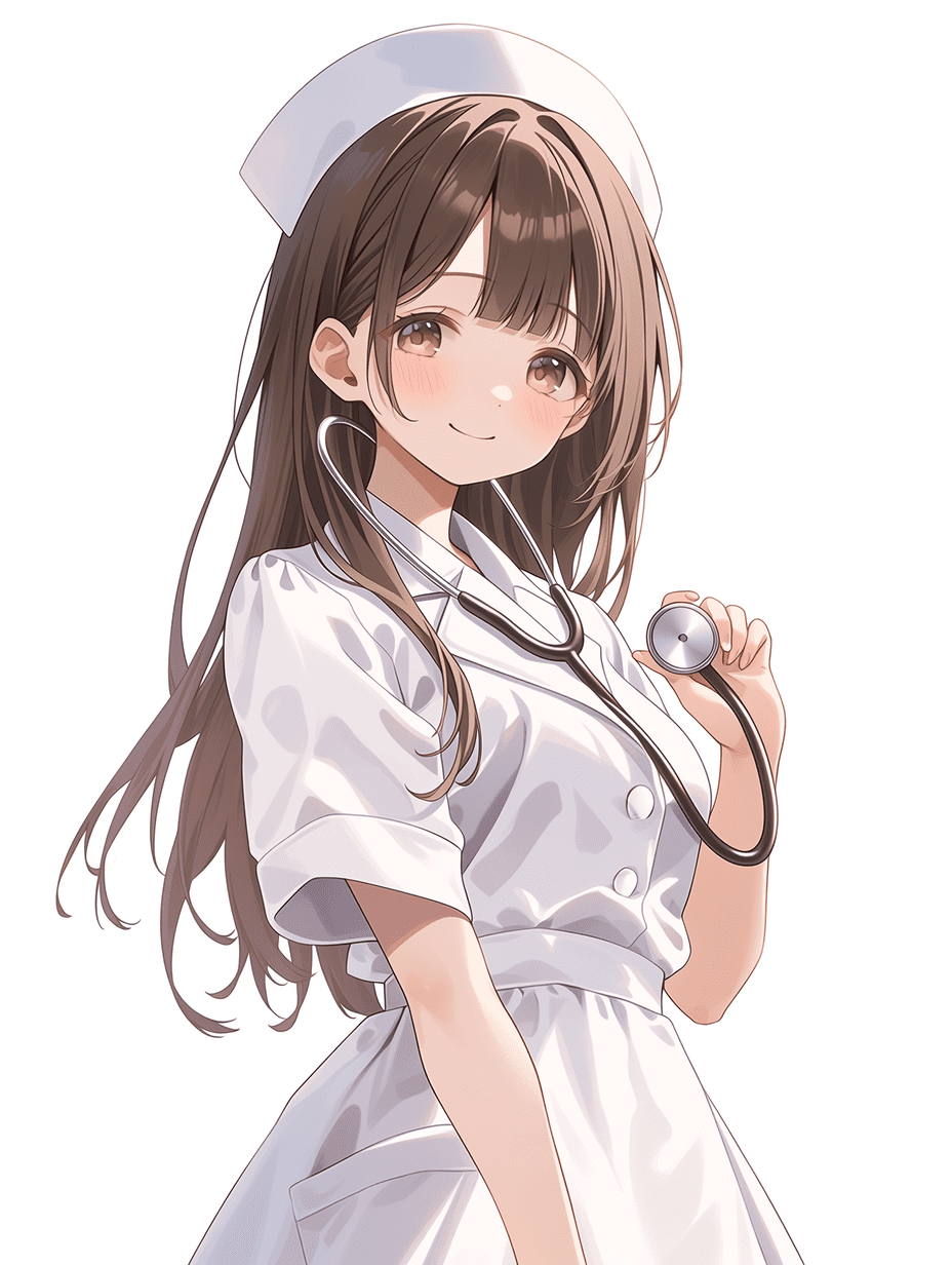 动漫风格插画，一位年轻女性，留着棕色长发，身穿护士制服，头戴白色护士帽，身着白色护士裙，手持听诊器，面带温柔微笑，采用四分之三侧面视角，构图平衡，视线平齐角度，姿态优雅，专业的画面 framing，干