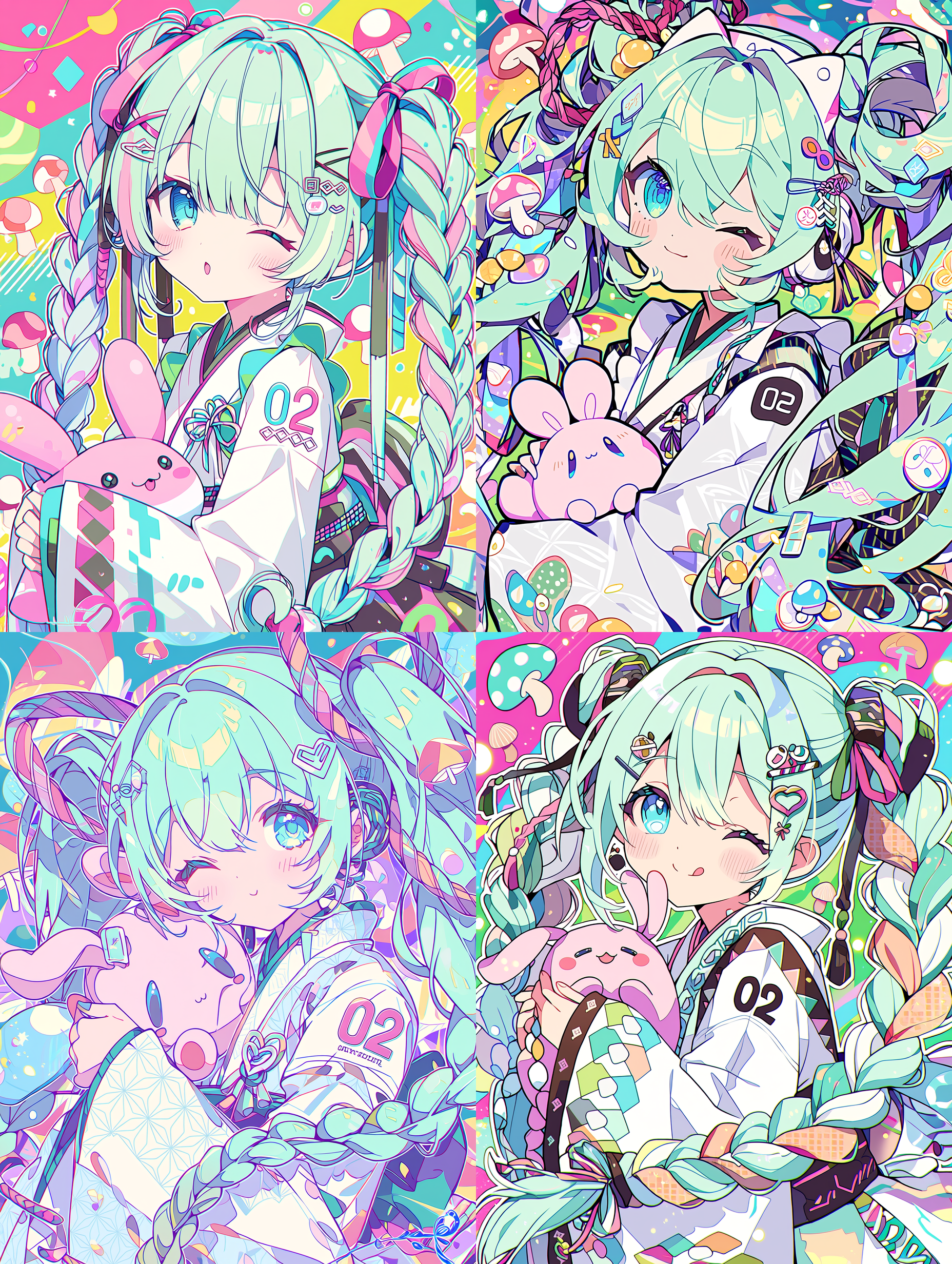 初音未来，Vocaloid虚拟歌姬，梦幻波普艺术风格，长发为薄荷绿并带有复杂编发与飘动丝带，蓝色眼睛带着眨眼表情，身着白色和服式服装，肩部有几何图案与“02”数字标记，手持粉红色毛绒生物，背景为五彩抽
