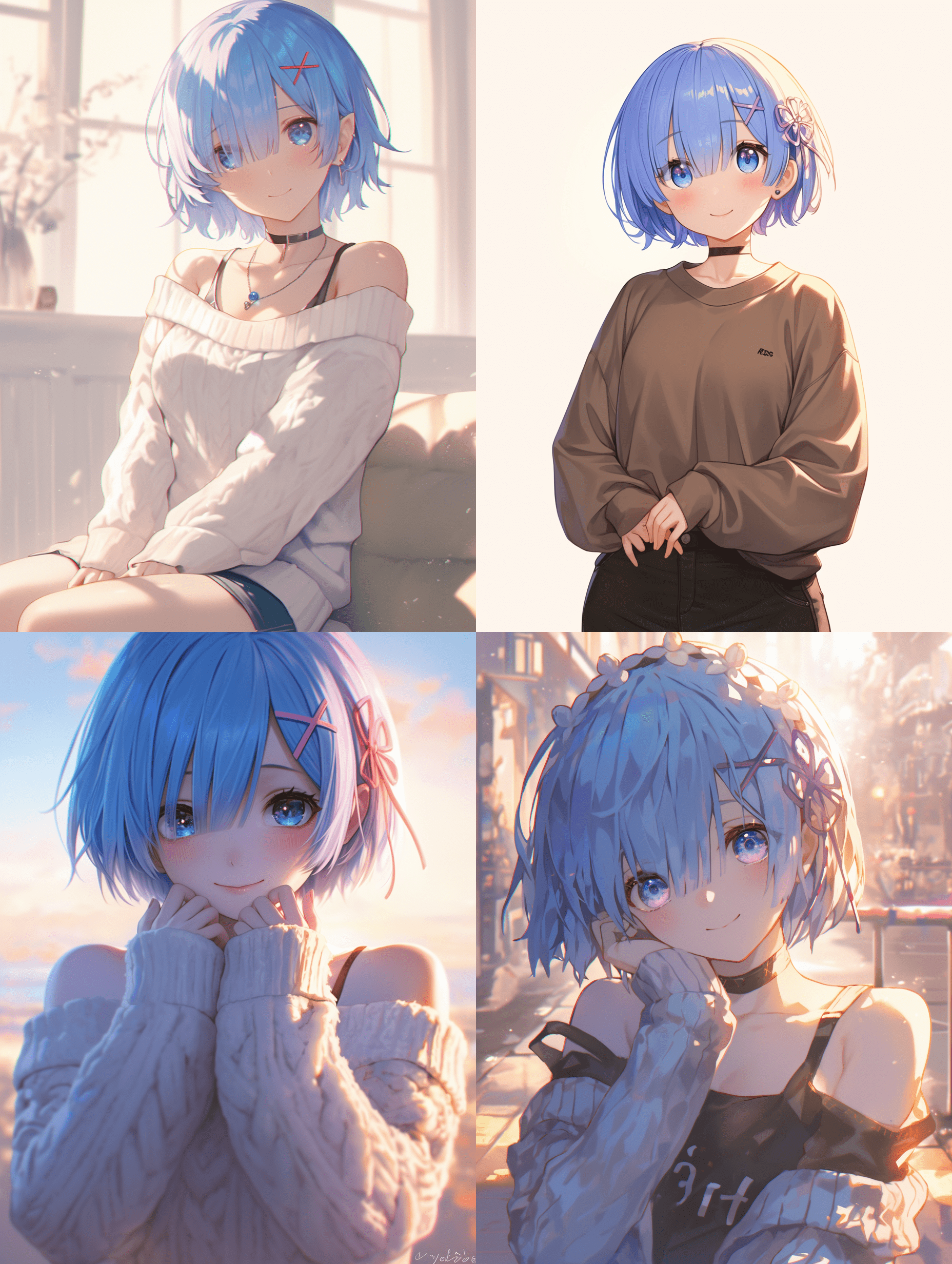 来自《Re:Zero》的蕾姆，身穿休闲现代街头服饰，眼中充满浓烈的爱意与柔情。嘴角带着柔和微笑，神情温婉，整体采用粉彩色调，搭配温暖自然光线，呈现细腻的角色设计、动人的情感氛围，画面高品质且具有电影级
