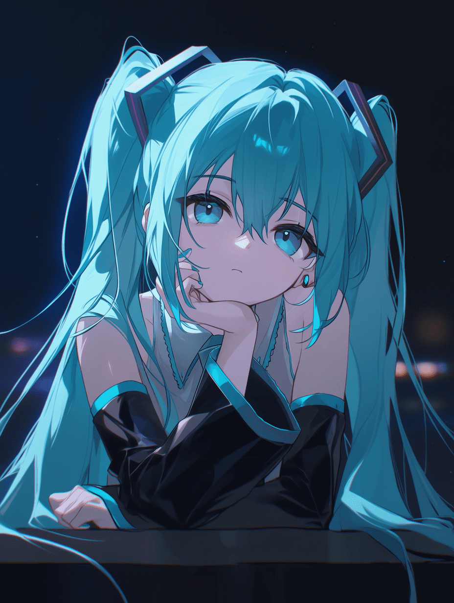 动漫风格插画，初音未来拥有长长的祖母绿双马尾，手托下巴，神情忧郁，身后是黑暗的舞台，柔和的环境光洒落，中景构图，杰作，最高画质，高度精细，鲜艳的青色点缀