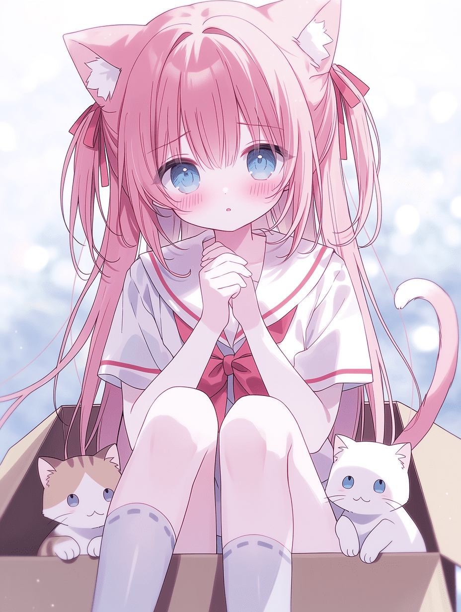 动漫风格，一位粉色长发、长着猫耳和猫尾的少女，身穿带有红色滚边的白色水手服，坐在纸箱中，表情害羞，双手合十，身旁有两只小猫，采用三分法构图，浅景深，背景虚化，平视视角，画面平衡。