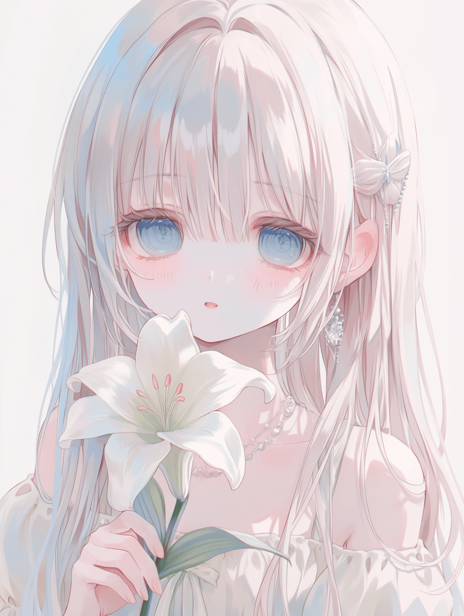 动漫风格，一位银发蓝眼的少女手持白色百合花，柔和的粉彩色调，温柔的光线，中近景构图，杰作，最佳质量，高度细节