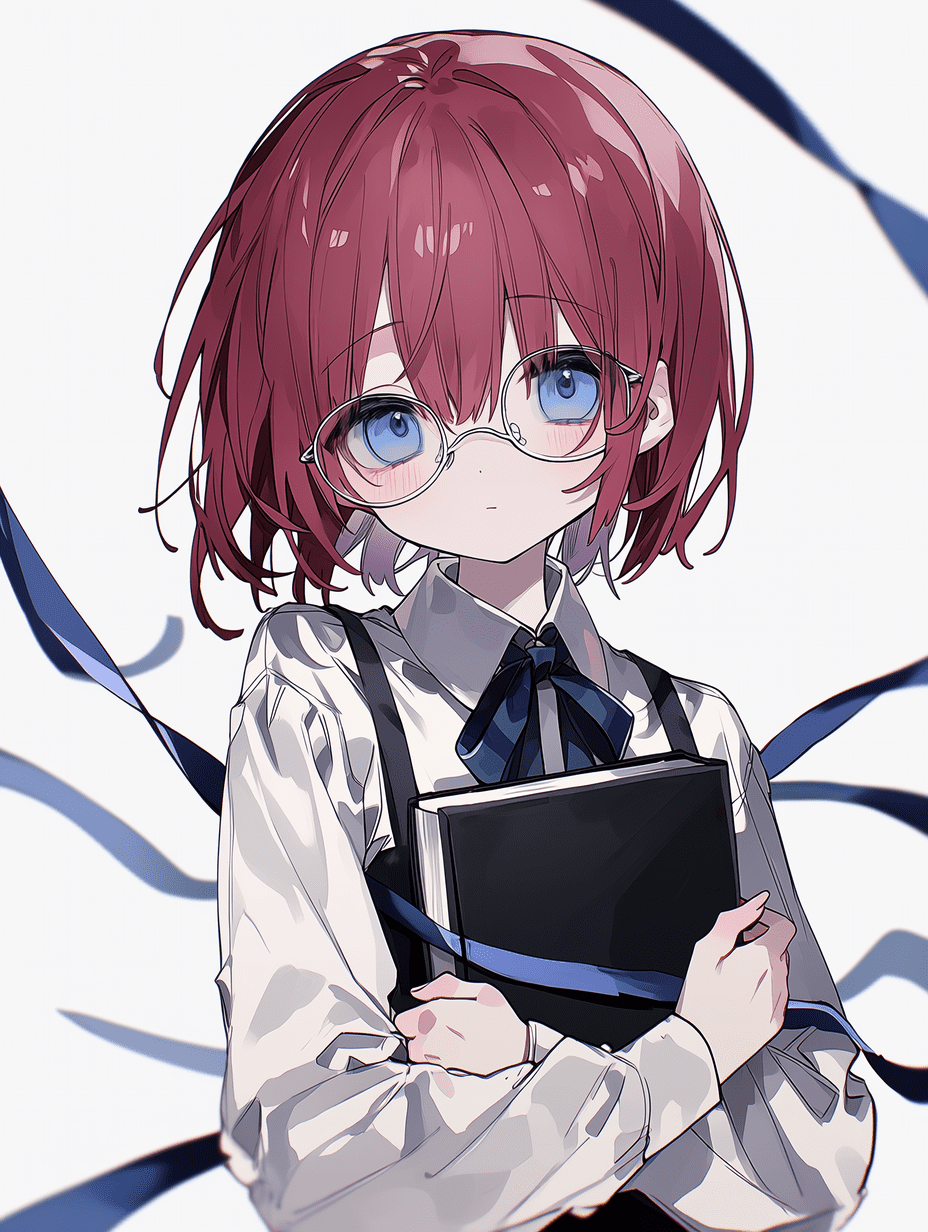 动漫风格插画，一位红发蓝眼、戴着圆框眼镜的少女，手中拿着一本黑色的书。画面采用居中构图，浅景深效果，带有流动的丝带元素。平视视角的肖像，构图平衡，留有干净的负空间，呈现专业的插画布局。