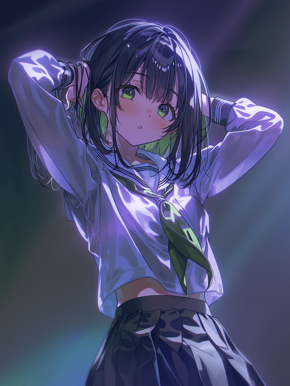 动漫风格，黑发绿眼少女身穿水手服校服，双手置于脑后呈动态姿势，戏剧性打光搭配柔和阴影，增强的色彩对比，鲜明的绿色与紫色，动漫美学，氛围感光晕，角色设计，电影感情绪