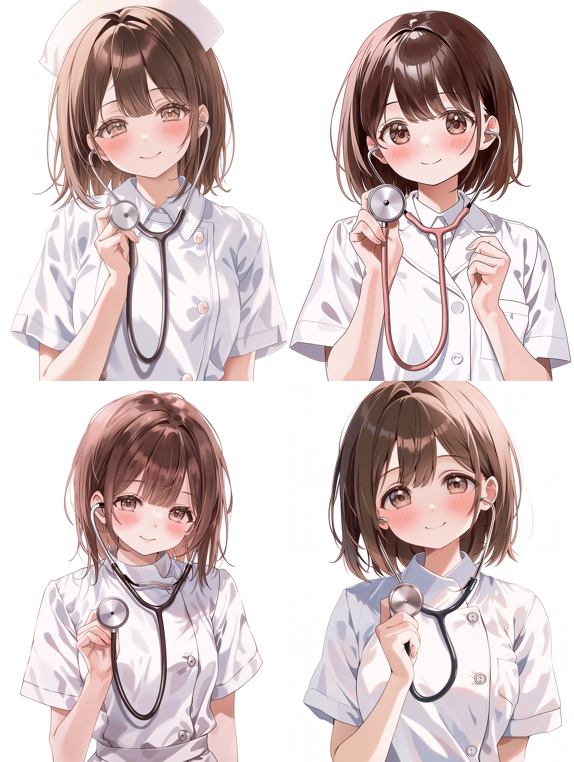 动漫风格，棕色头发的护士女孩穿着白色制服，手持听诊器，脸颊柔和泛红，带着温柔的微笑，白色背景，竖构图，杰作，最佳质量，高度细节